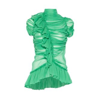 Dries Van Noten Ruffled Silk Top - female - Dries Van Noten - Blouses - Green - M - Blouses & Shirts