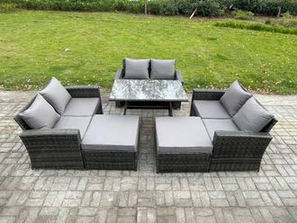 Fimous 8 Seater Garden Dining Set Wicker PE Rattan Outdoor Furniture Sofa with Rectangular Dining Table Double Seat Sofa 2 Big Footstool in Dark Grey