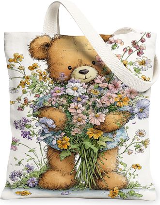 Generic Floral Bear Canvas Tote Bags, Cute Flower Pattern Reusable Grocery Bags, Spring Vintage Lightweight Washable Shoulder Strap, White, 13x15 Inch