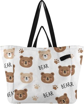 Generic Bear Brown Paw print Reusable Canvas Tote Bag, Heavy Duty Grocery Shopping Bag with Hard Bottom Large Capacity Double Handles Work Groceries Travel