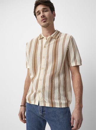 Le 31 Mens Striped pointelle knit shirt