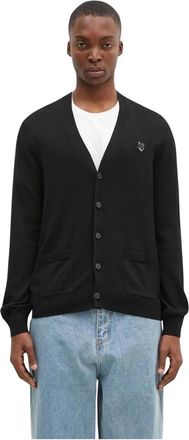 Maison Kitsun&eacute; Truien & Vesten, Heren, Zwart, L, Wol, Regular Cardigan met Grote Voskop Patch