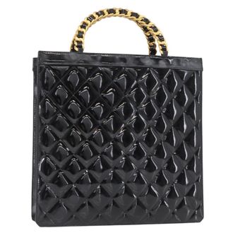 Chanel Chocolate Bar Tote Leather Black Patent_Leather Handbag (Pre-Owned)
