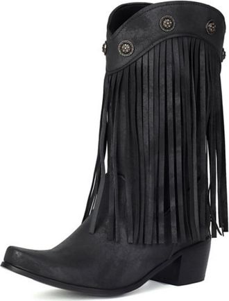 Generic Womens Pointed Toe PU Leather Mid-Calf Boots Pull on Tassel Long Boots Block Heel Western Cowboy Boot,Black,7.5 UK