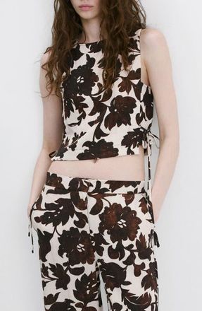 Mango Floral Side Ruched Crop Top in Brown at Nordstrom, Size 6