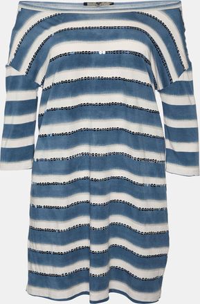 Max Mara White & Blue Cotton Striped Sequin Embellished Top