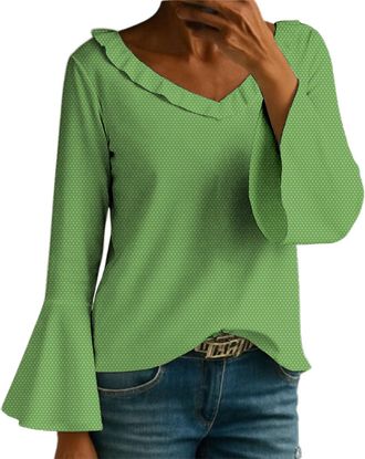 Generic Womens Tops Bell Long Sleeve V Neck Loose Fit Polka Dot Shirt Ladies Elegant Casual Going Out Blouses(Green, L)