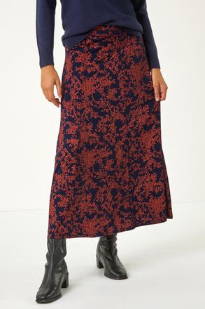 Roman Foliage Floral Print Stretch Midi Skirt