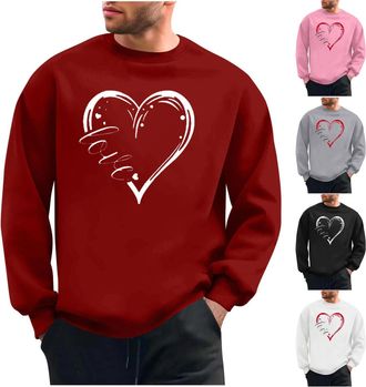 Generic Mens Valentines Sweatshirt Heart Print Jumper Mens Fleece Lined Crew Neck Sweatshirts Warm Cosy Fleece Pullover Shirt Stylish Couple Matching Outfit C