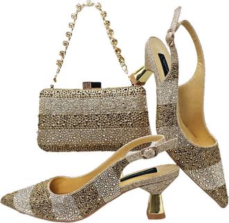 Generic Womens Satin Pointy Toe Pumps and Clutch Bag Set Sparkly Rhinestone Decoration for Evening Party Wedding