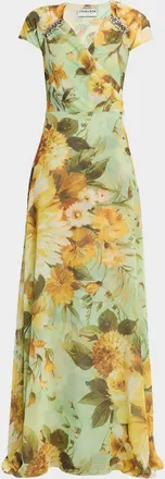 La Petite Robe Di Chiara Boni Slavka Belted Floral-Print Georgette Gown