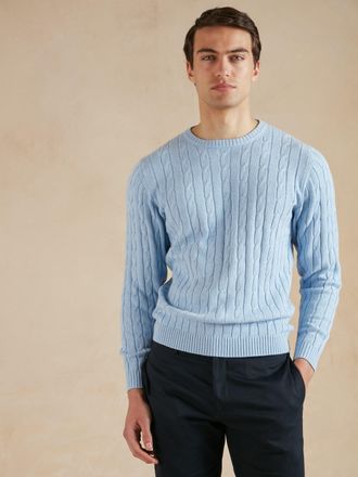 Oliver Brown Cable Knit Cotton Cashmere Crew Neck Jumper - Sky Blue