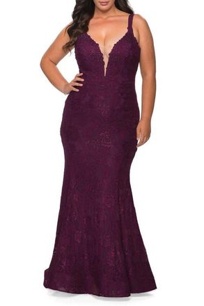 La Femme Plus SIze Dress Lace Fitted Long Gown in Dark Berry at Nordstrom, Size 18W