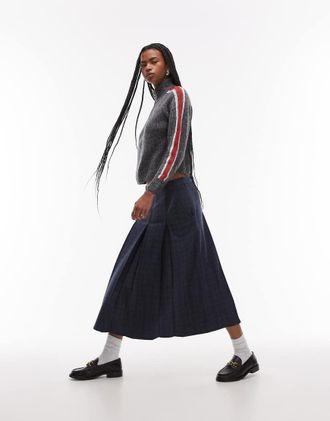 Topshop box pleat midi skirt in plaid print-Multi