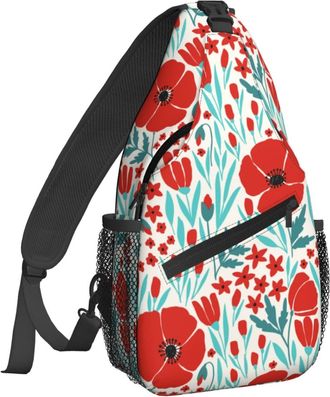 Generic Red Poppies Flowers Sling Bag Adjustable Cross Body Bag Anti Theft Backpack For Sports Runner Cycling