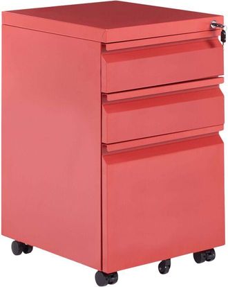 Beliani Storage Cabinet Red Steel 3 Drawers with Plastic Wheels Key-Locked Modern Office RECAMI