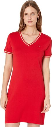 Tommy Hilfiger Womens Short Sleeve Striped Trim Dress, Scarlet, 12