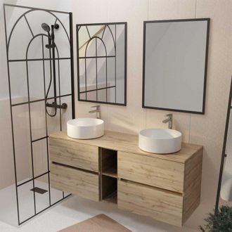 Aurlane Mueble De Ba&ntilde;o 140 Roble - 4 Cajones - 2 Lavabos Blancos - 2 Espejos 60x80