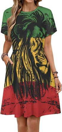 Generic Lion Reggae Jamaica Women Summer Dress Short Sleeve Sundress Swing Casual Party Dresses Pockets L