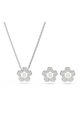 Swarovski Crystak Faux Pearl Necklace & Earrings Set in Silver/White at Nordstrom