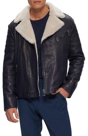 Gorski Mens Nappa Moto Jacket with Genuine Shearling in Navy/beige at Nordstrom, Size Xx-Large