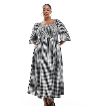 New Look Plus New Look Curve - Vestito midi a maniche lunghe nero a quadretti