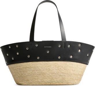 Altuzarra Knot Studded Leather & Straw Basket Tote in 381001 Black/silver at Nordstrom