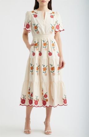 ZOE AND CLAIRE Embroidered Puff Sleeve Midi Dress in Red Multi at Nordstrom, Size X-Large