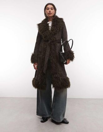 Azalea Wang Gilda cappotto con rifinitura in pelliccia sintetica marrone cioccolato