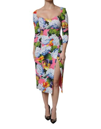 Dolce & Gabbana Womens Floral Print Midi Dress Side Slit - Light Pink Viscose - Size EU 40 (Womens)