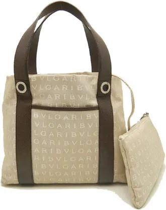 Bulgari Logomania Beige Brown Canvas Leather Tote Bag (Pre-Owned)