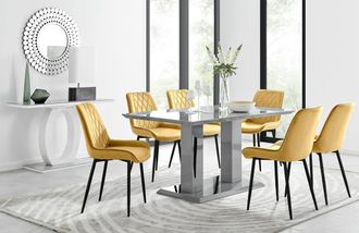 Furniturebox Imperia 6 Grey Dining Table & 6 Pesaro Black Leg Chairs in Mustard