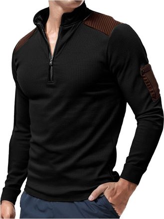 Generic Men 1/4 Zip Pullover Quarter Zipper Waffle Sweatshirts with Pockets Mock Neck Jumper Tops Long Sleeve Clothes Tshirts(Black, S)