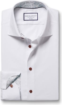 CHARLES TYRWHITT Non-Iron Stretch Printed Trim Cotton Shirt - White Single Cuff Size 16/33 by Charles Tyrwhitt