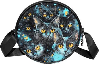 Generic Circle Crossbody Bag for Women, Dark Blue Cats Head Small Sling Bag Daypack with Zipper Adjustable Shoulder Straps Casual Ladies Girls Round Purse