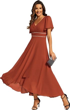 Ever-pretty Women Dress Double V-Neck Waist Trimmed Chiffon Formal Evening Dress Burnt Orange 10