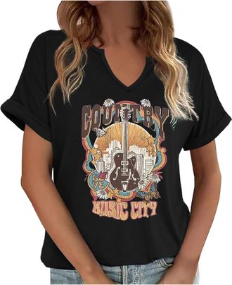 Generic Womens Summer Tops Vintage Rock Band T Shirt for Women Fashion Musical Tees Casual Sexy Notched V-Neck T Shirts Country Music Short Sleeve Tees 2025 N