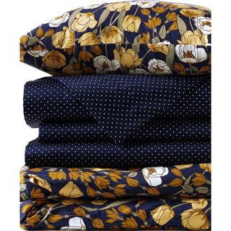 Lands End 400 Thread Count Premium Supima Cotton No Iron Sateen Duvet Bed Cover in Deep Sea Navy Poetic Floral at Nordstrom, Size California King