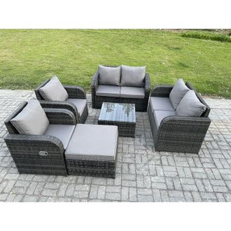 Fimous 7 Seater Rattan Sofa Set Outdoor Garden Furniture Set with Square Coffee Table Loveseat Sofa Reclining Chairs Big Footstool Dark Grey Mixed - Fimous
