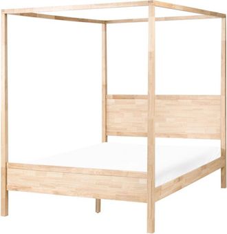 Beliani Cama Con Dosel Minimalista Somier De Madera De Caucho Y Listones Marr&oacute;n Claro 160 X 200 Cm Hauterives
