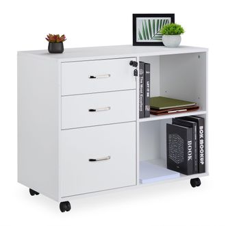 Relaxdays Relaxdays - Mueble Archivador, 3 Cajones, 2 Compartimentos, 66x80x40 Cm, 4 Ruedas Cajonera Oficina, Con Llave, Blanco