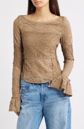 Free People Bell Sleeve Sheer Cotton Blend Lace Top in Dutch Cocoa at Nordstrom Rack, Size Large