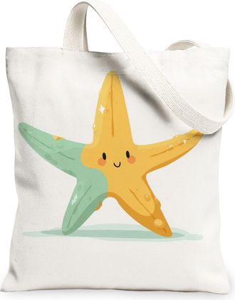 Generic Cute Starfish Canvas Tote Bag, Fun Ocean Design Reusable Grocery Bag, Lightweight Washable Shoulder Strap Canvas Bags for B, White, 13x15 Inch
