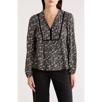 Lucky Brand Split Neck Cotton Popover Top in Black Floral at Nordstrom Rack, Size X-Small