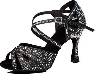 Minitoo Womens Latin Salsa Ballroom Dance Shoes with Rhinestones Wedding Evening Sandals L390 Black 9cm Heel UK 4