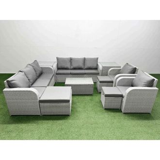 Fimous Pe Rattan High Back Lounge Sofa Set Patio Coffee Table & Chairs Set with 3 Seater Sofa Reclining Chair 3 Stools 2 Side Table Light Grey - Fimous