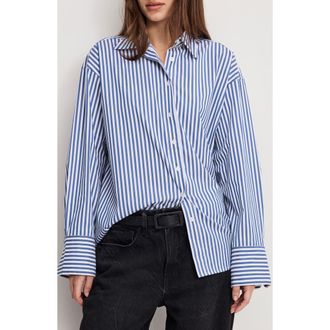 Good American Oversize Cotton Poplin Button-Up Shirt in Indigo Stripe at Nordstrom, Size 3X-Large