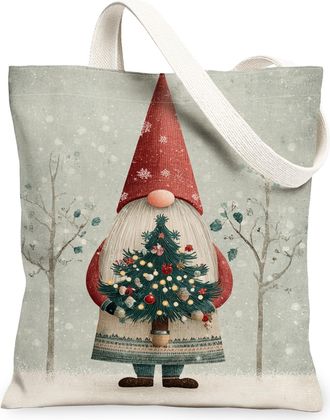 Generic Christmas Gnome Canvas Tote Bags, Festive Tree Pattern Reusable Bags, Winter Rustic Washable Shoulder Strap Canvas for Outdoor Travel Picnic 13x15 Inc