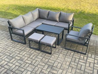 Fimous Aluminium Outdoor Garden Furniture Set Lounge Sofa Oblong Coffee Table Sets with Chair 2 Small Footstools Indoor Conservatory Set Dark Grey