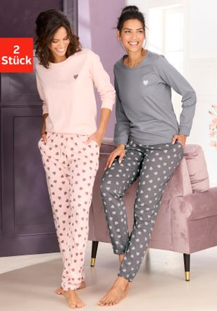 Vivance Pyjama VIVANCE DREAMS, Damen, Gr. 32/34, taupe, rosa, Single Jersey, Obermaterial: 100% Baumwolle, gemustert, Basic lang, Rundhals, Homewear-Sets Pyja